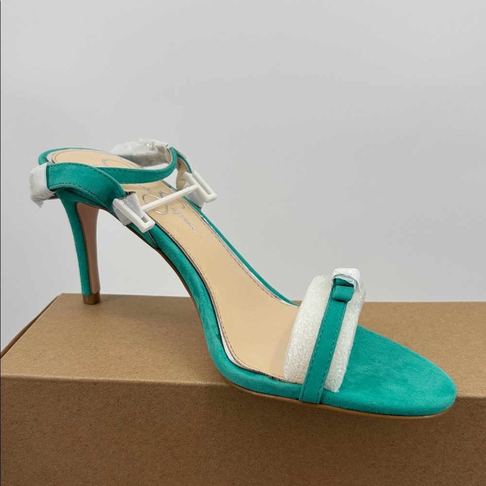 Jessica Simpson Purella Strappy Stiletto Sandal Heels in Palm Lux Kid Suede